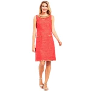 Talbots Melon Orange/Pink Textured Fringe-Neck Shift Dress Sz 4